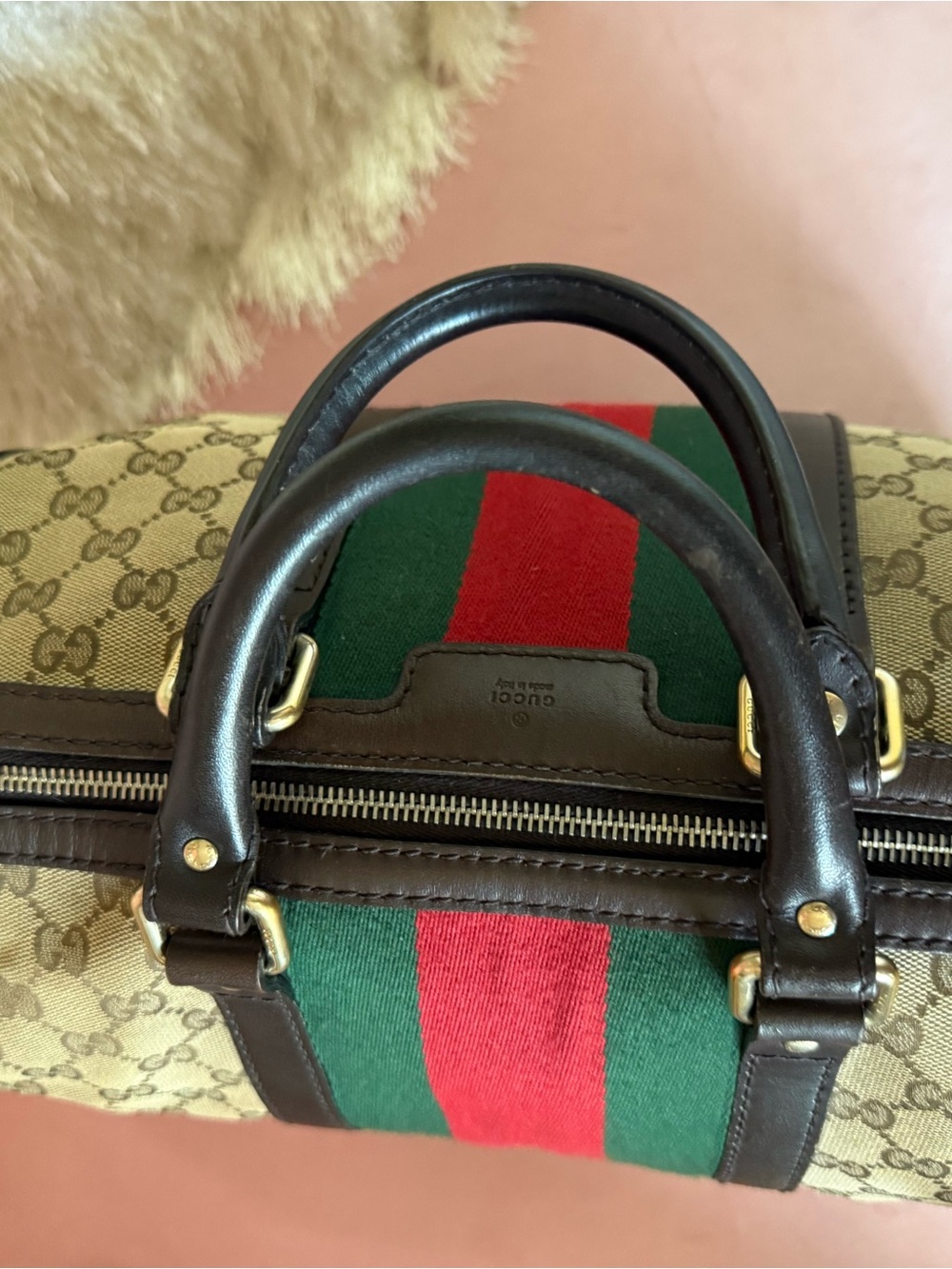 💯Auth! GUCCI Mono Canvas Boston Bag Green & Red Web Sherry Stripe Gold Hardware - Picture 8 of 17